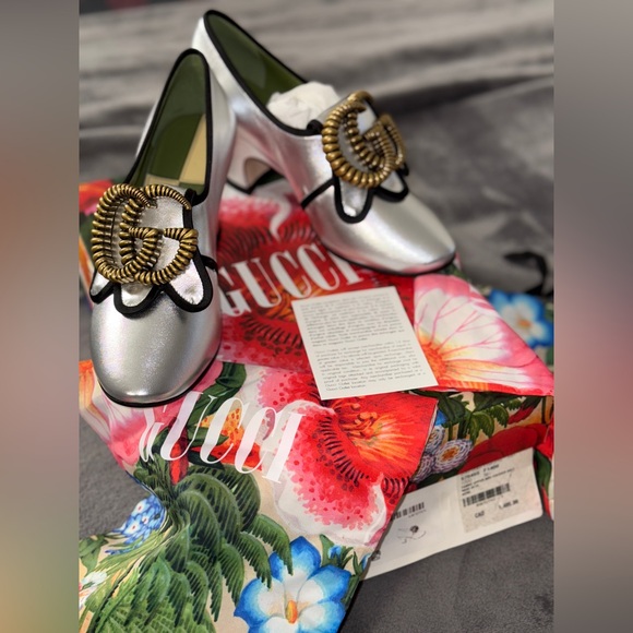 Silver gold Gucci Raso seta heels - Picture 5 of 7